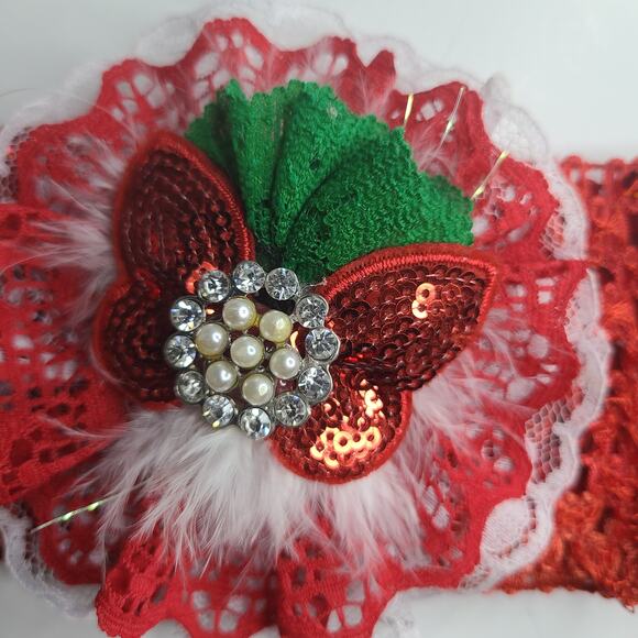 Baby Girl Toddler Christmas Headband Oversize Lace & Rhinestones Bow Red White - Picture 2 of 6